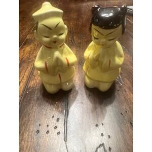 Vintage Praying Children Figurines Set Boy Girl Ceramic Yellow Japan Style